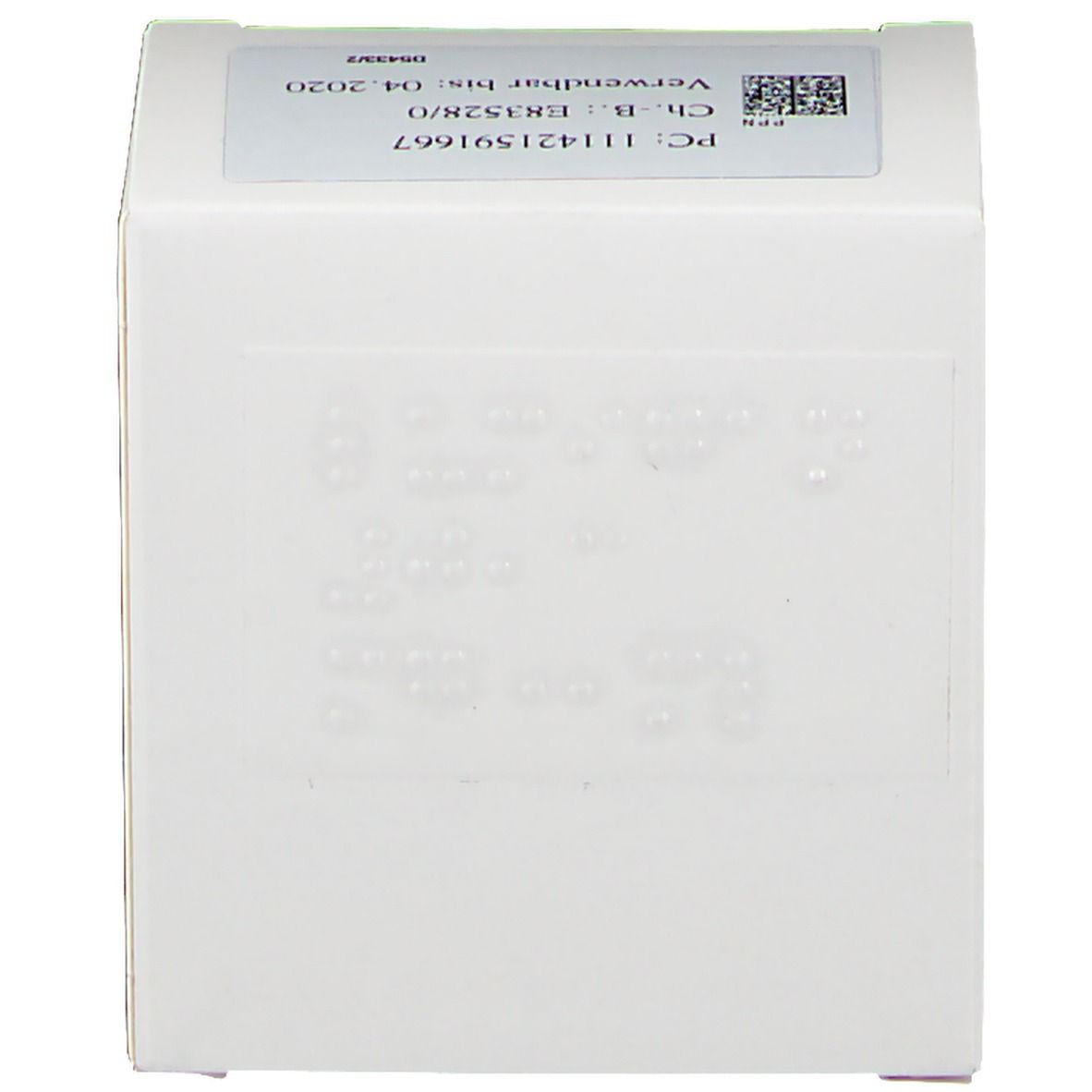 Geschlossene, weiße Verpackung von LUMIGAN 0,3 mg/ml Augentropfen. Oberseite mit Chargen- und Verfallsdatum.