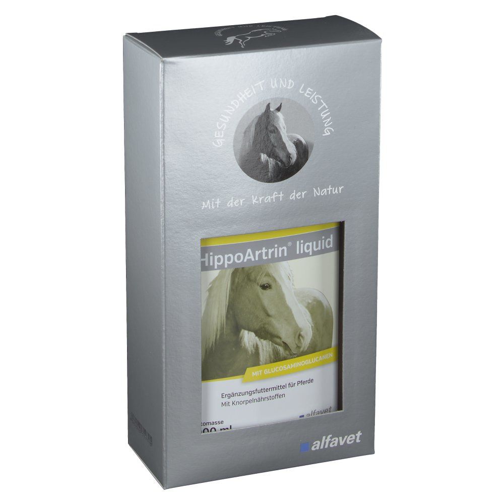 Silberne Verpackung mit Produktbezeichnung HippoArtrin liquid und Pferdeabbildung. Text: Gesundheit und Leistung, Mit der Kraft der Natur.