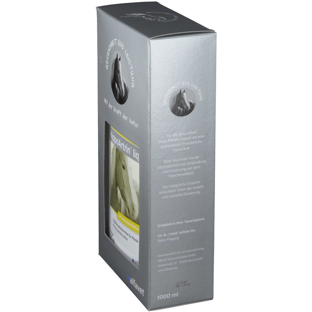 Silberne Verpackung mit Produktbezeichnung HippoArtrin liquid. Text: Gesundheit und Leistung, Mit der Kraft der Natur. Seitenansicht mit Text.