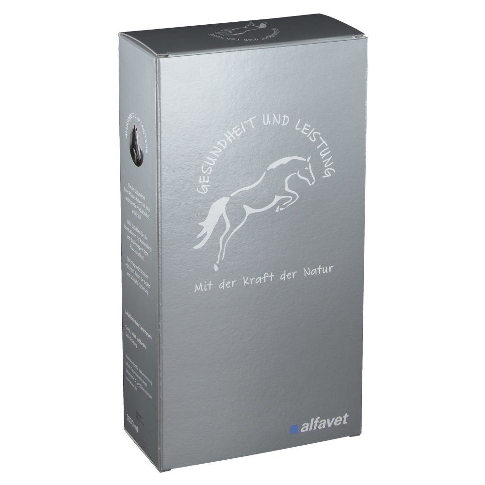 Silberne Verpackung mit Logo und Text: Gesundheit und Leistung, Mit der Kraft der Natur. Logo: springendes Pferd. Marke: alfavet.