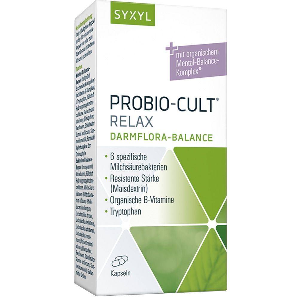 SYXYL ProBio-Cult Relax. Verpackung mit Kapseln. Enthält 6 spezifische Milchsäurebakterien, resistente Stärke, organische B-Vitamine und Tryptophan.