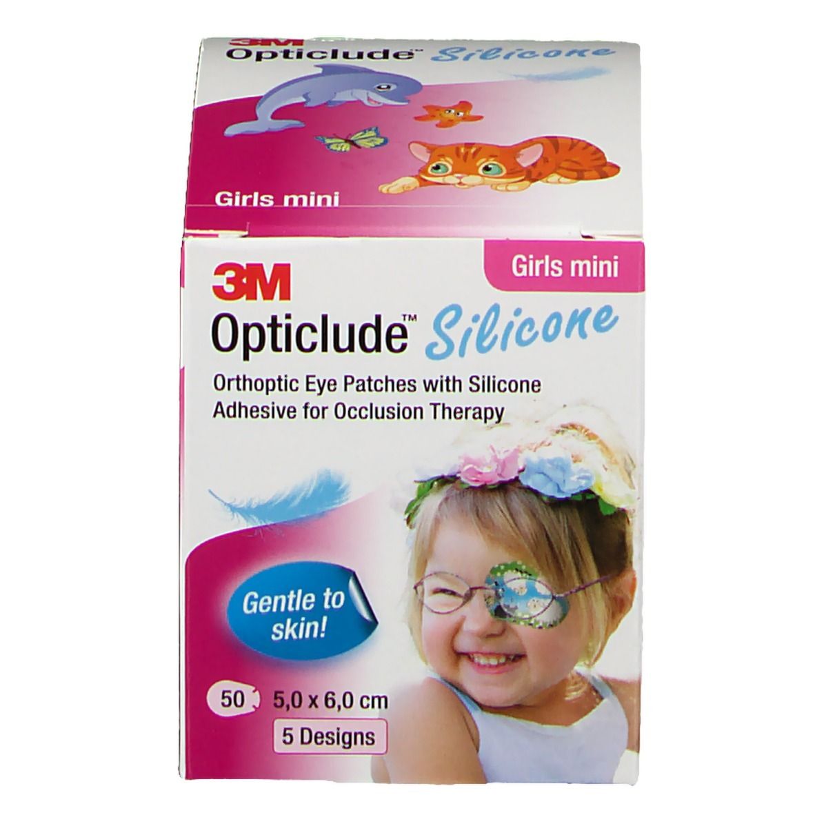 Verpackung mit Opticlude Silicone Augenpflastern für Mädchen. 50 Pflaster, 5 x 6 cm, 5 Designs. Mit CE-Kennzeichnung.