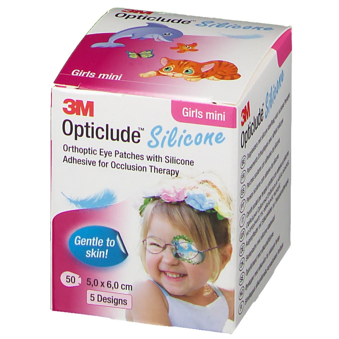 Verpackung mit Opticlude Silicone Augenpflastern für Mädchen. Produktinformationen und CE-Kennzeichnung.
