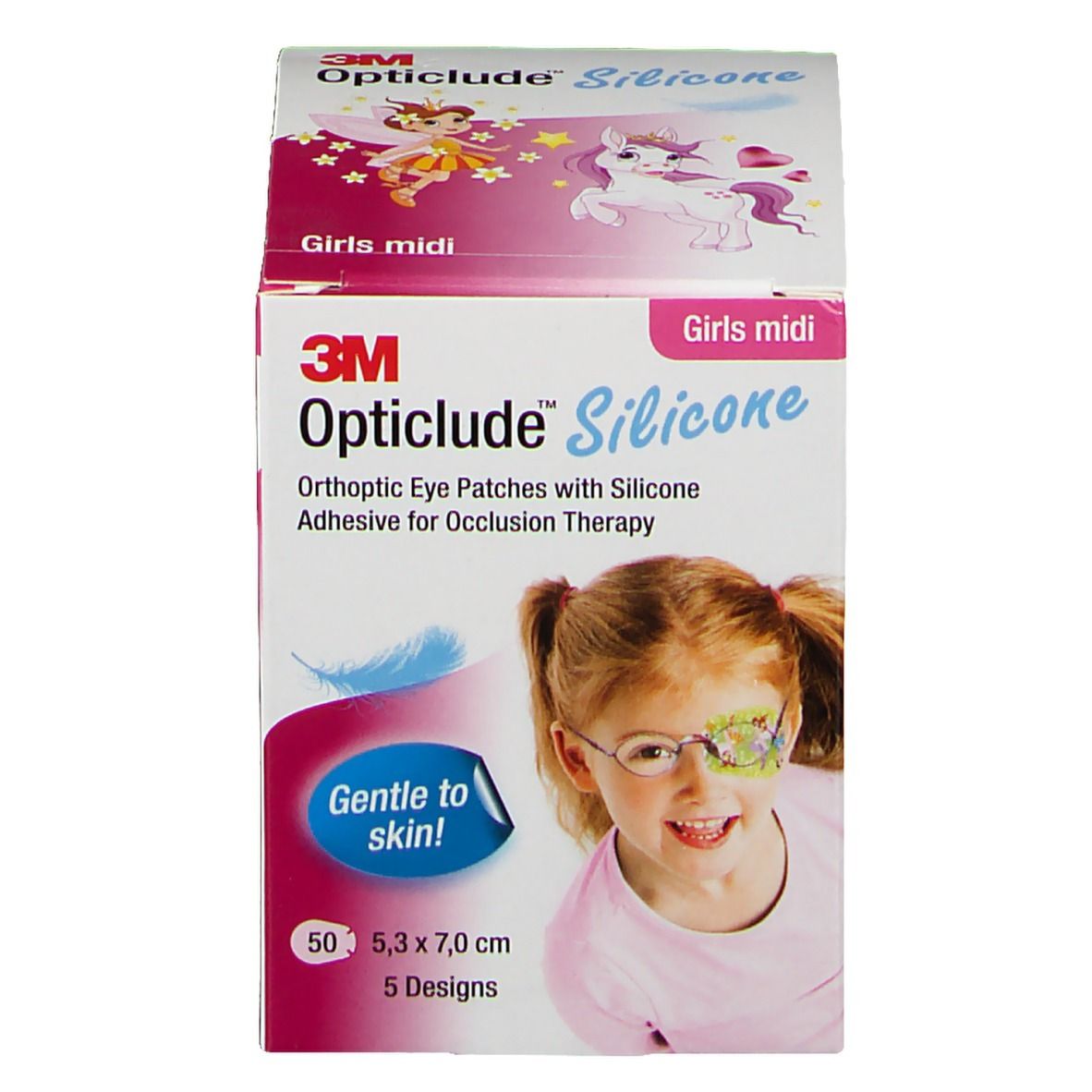 Opticlude Silicone, Mädchen-Midi-Packung. Enthält 50 Pflaster, 5,3 x 7,0 cm. Mit Illustrationen und dem Slogan "Sanft zur Haut!".