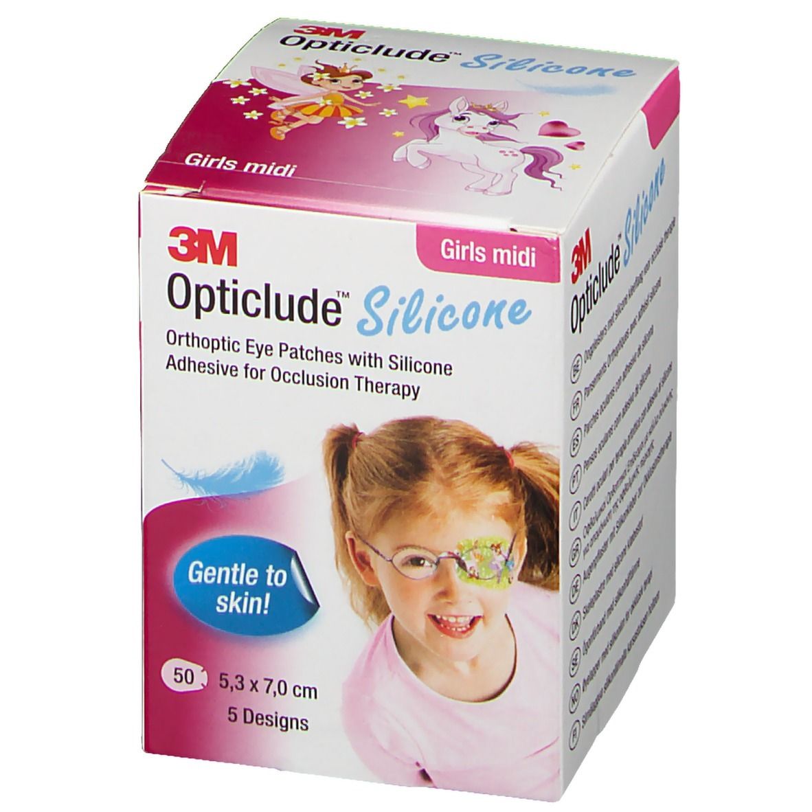 Opticlude Silicone, Mädchen-Midi-Packung. Enthält 50 Pflaster, 5,3 x 7,0 cm. Mit Illustrationen und dem Slogan "Sanft zur Haut!".