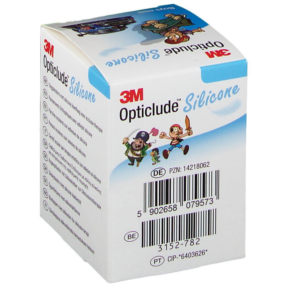 Rückseite der Opticlude Silicone Verpackung. Barcode, PZN-Nummer, und weitere Informationen. Mit CE-Kennzeichnung.