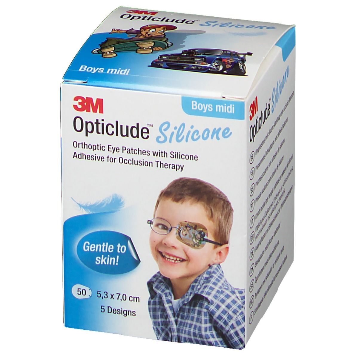Opticlude Silicone Augenpflaster für Jungen. Verpackung mit Abbildung eines Jungen mit Augenpflaster. 50 Stück, 5,3 x 7,0 cm.