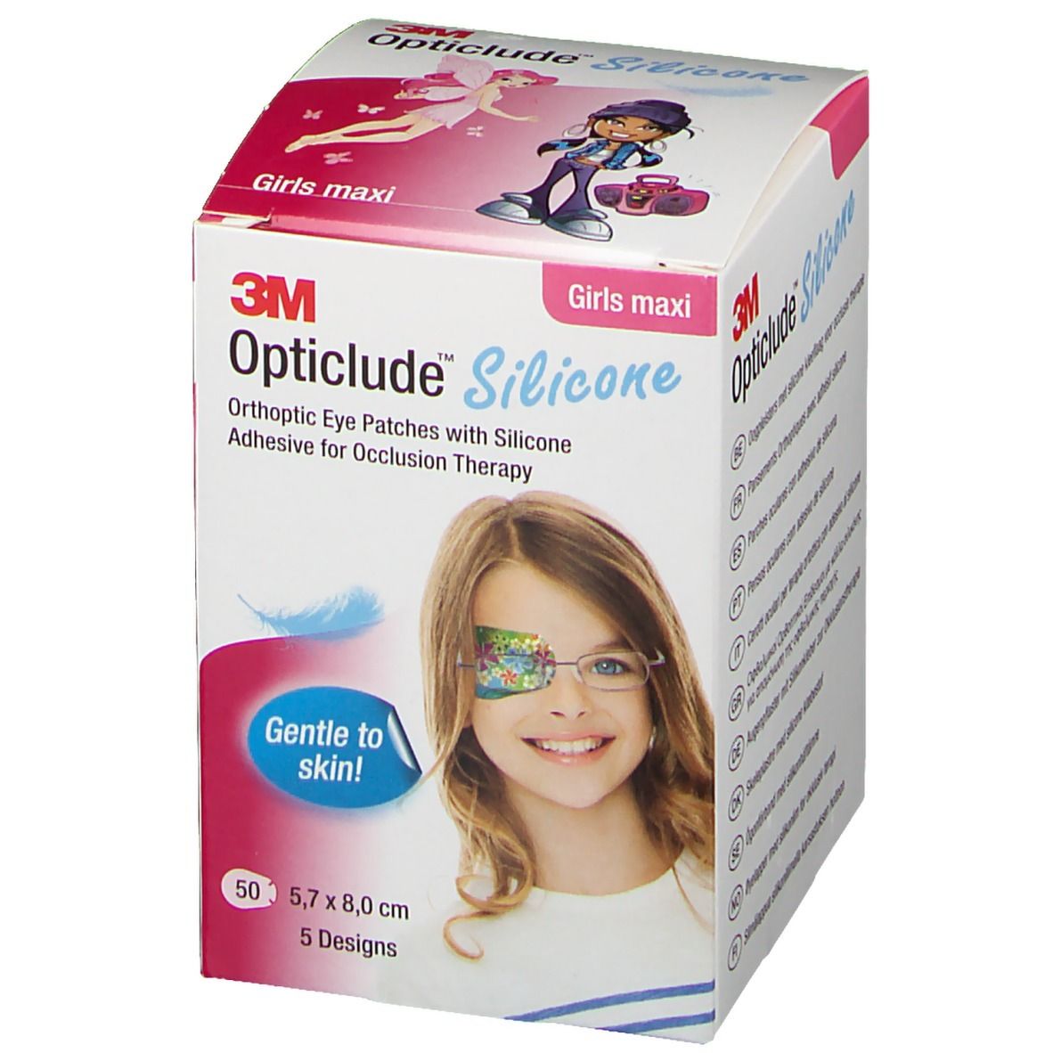 Opticlude Silicone Augenpflaster-Verpackung für Mädchen. Enthält 50 Pflaster, 5,7 x 8,0 cm, 5 Designs. Mit Aufdruck "Gentle to skin!"