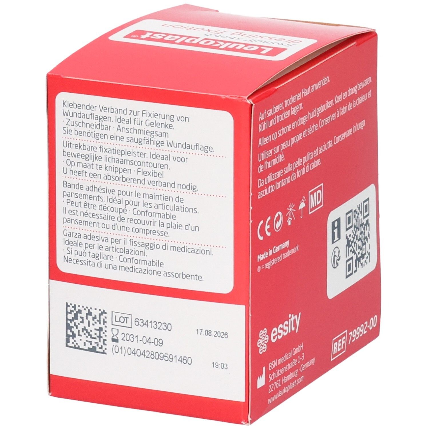Rote Schachtel Leukoplast Klebendes Verbandmaterial, mit Anwendungshinweisen.