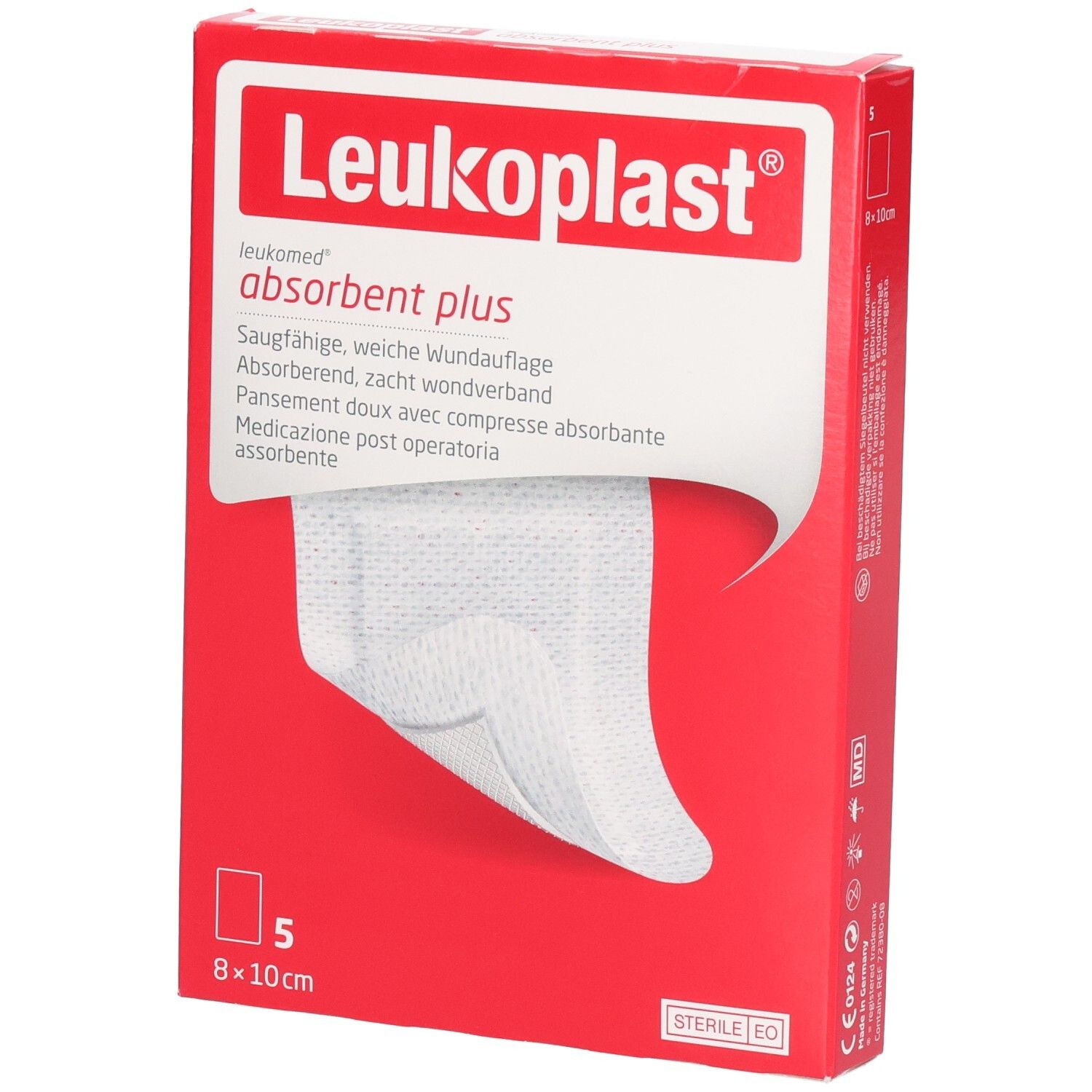 Rote Verpackung mit Leukoplast. Enthält 5 sterile Wundauflagen 8x10cm. Produktname und Beschreibung aufgedruckt.
