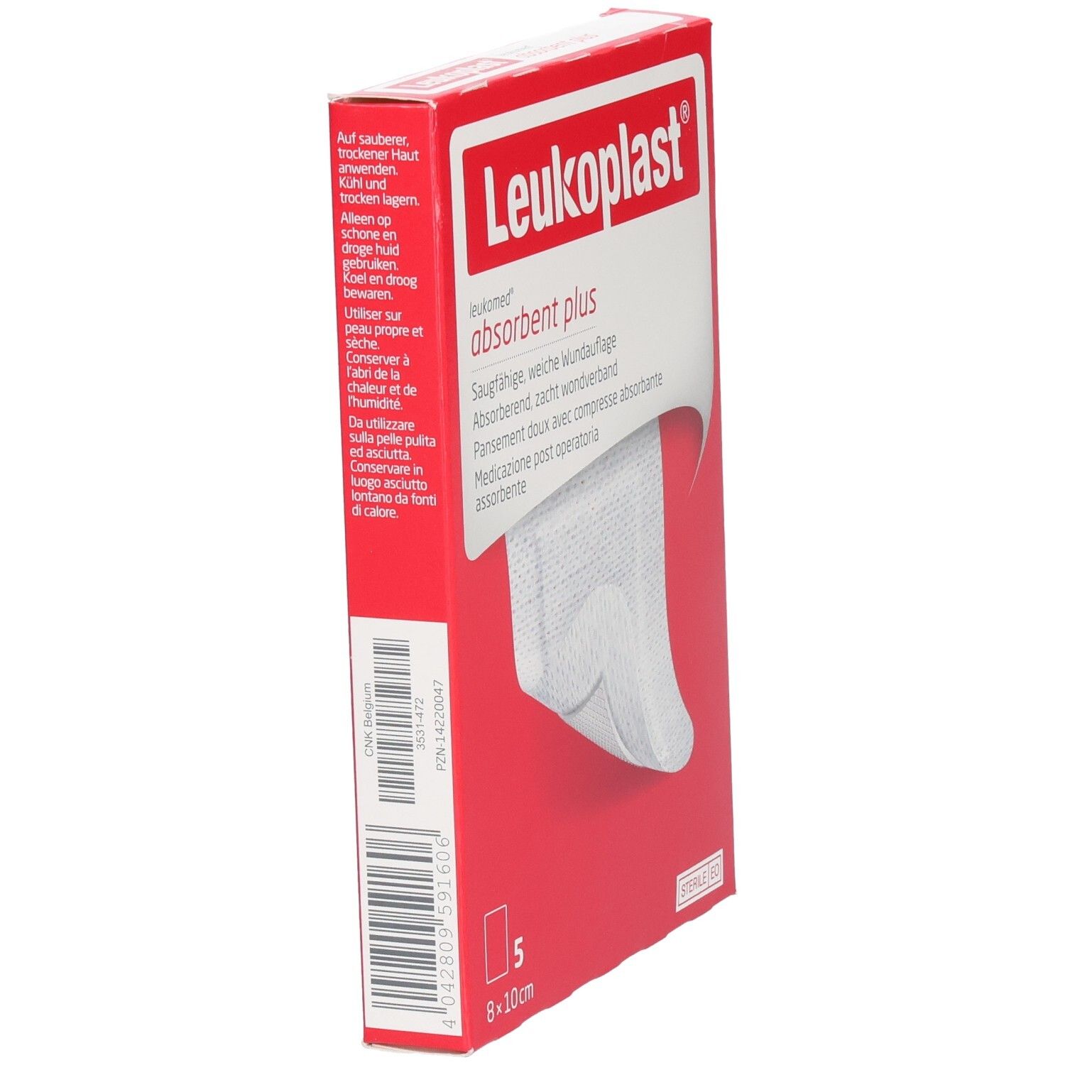 Rote Leukoplast-Verpackung, Seitenansicht. Produktname und Beschreibung. Enthält 5 Wundauflagen. Barcode und Text.