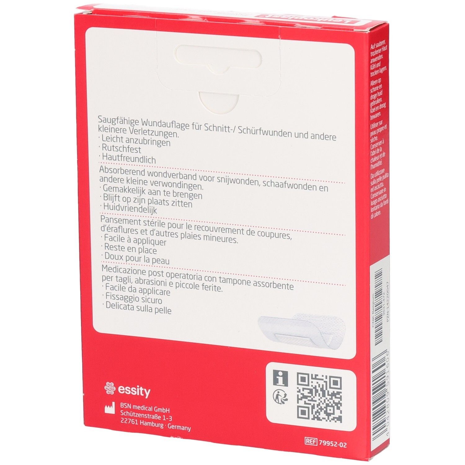 Rote Verpackung Rückseite. Text über Wundauflage. Herstellerinformationen und QR-Code.