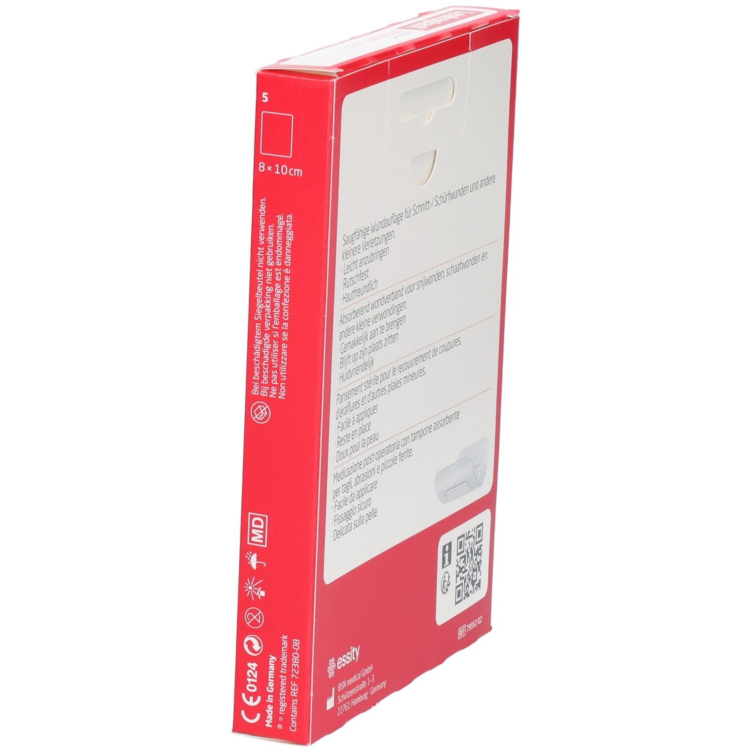 Rote Verpackung, Seitenansicht. Produktname und Beschreibung. Enthält 5 Wundauflagen. MD-Kennzeichnung.