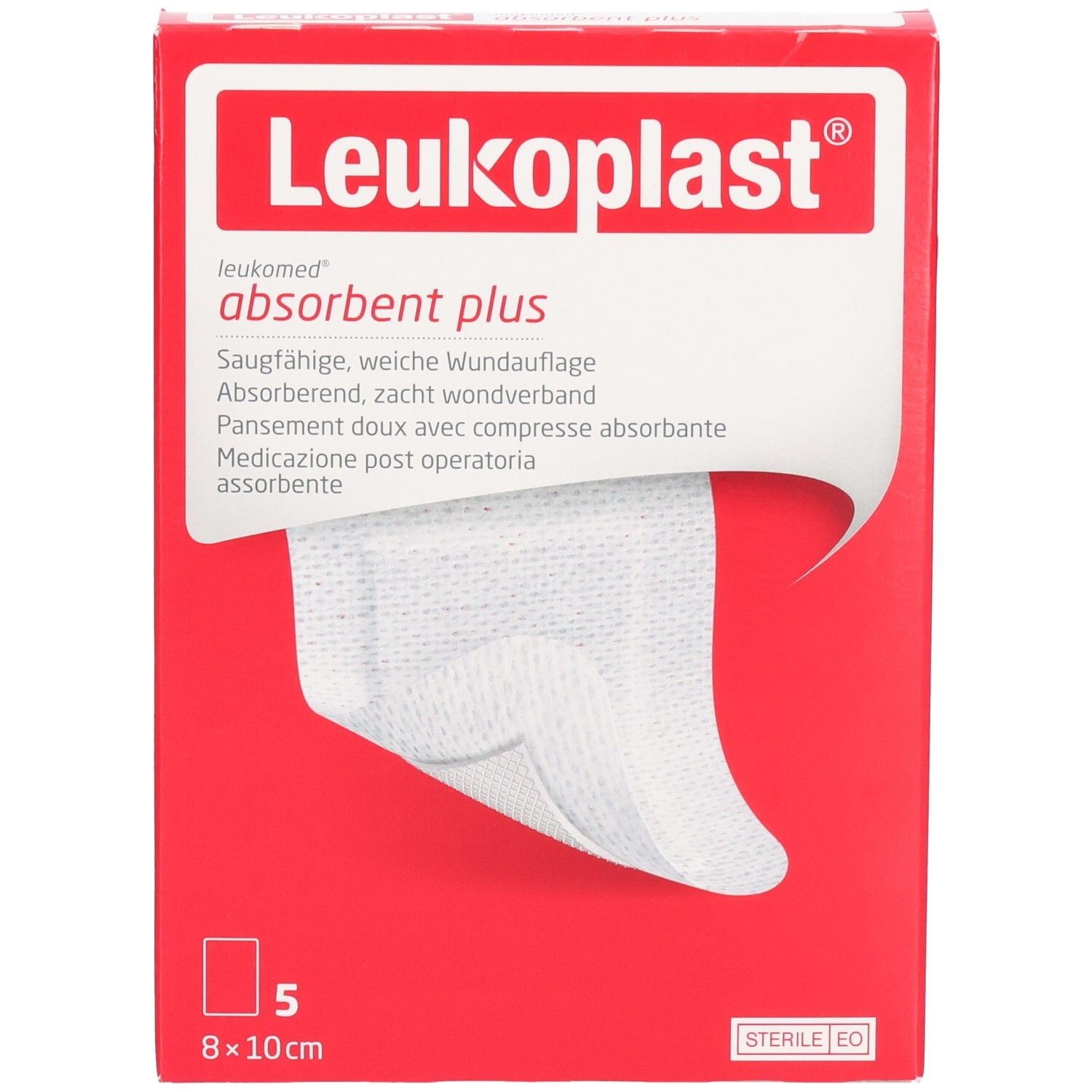 Rote Verpackung mit Leukoplast. Enthält 5 sterile Wundauflagen 8x10cm. Produktname und Beschreibung aufgedruckt.