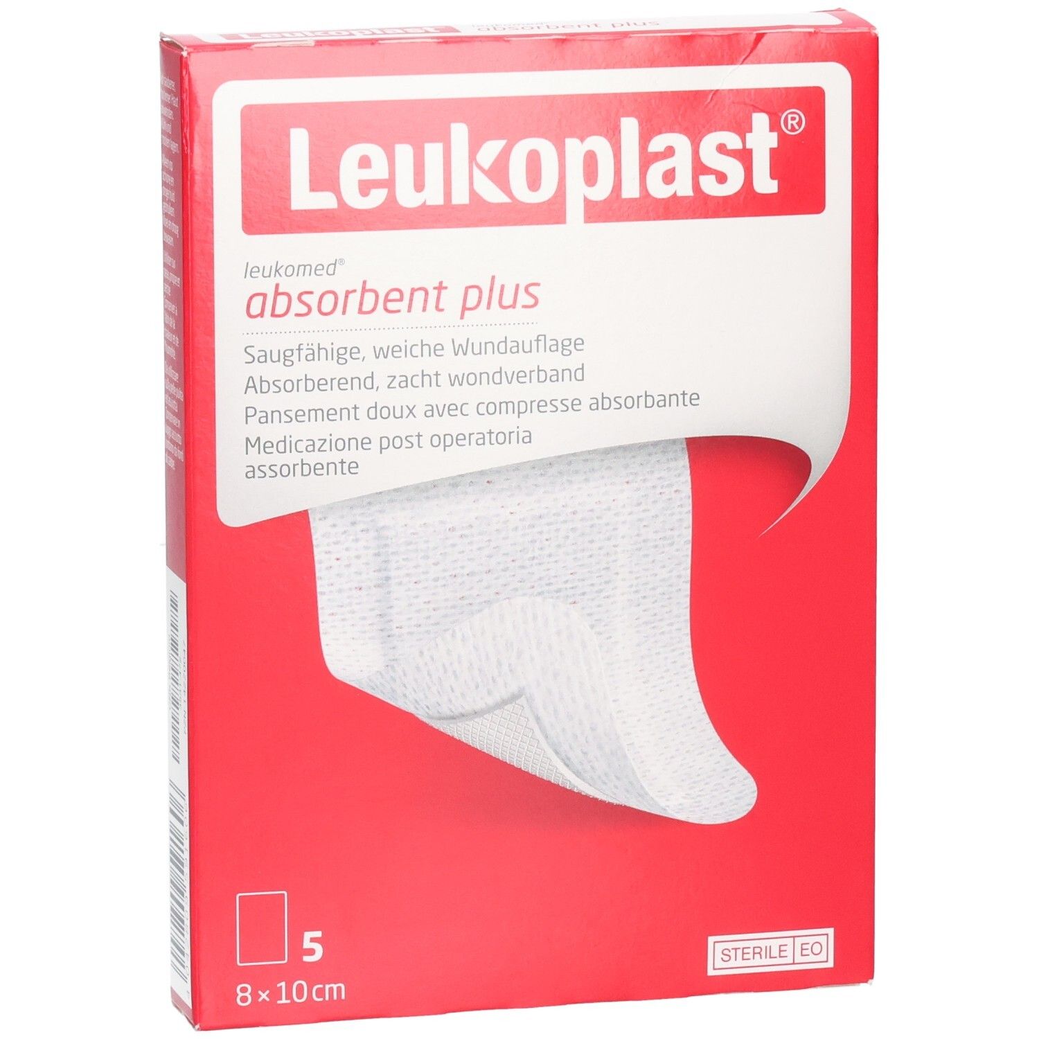 Rote Verpackung mit Leukoplast. Enthält 5 sterile Wundauflagen 8x10cm. Produktname und Beschreibung aufgedruckt.