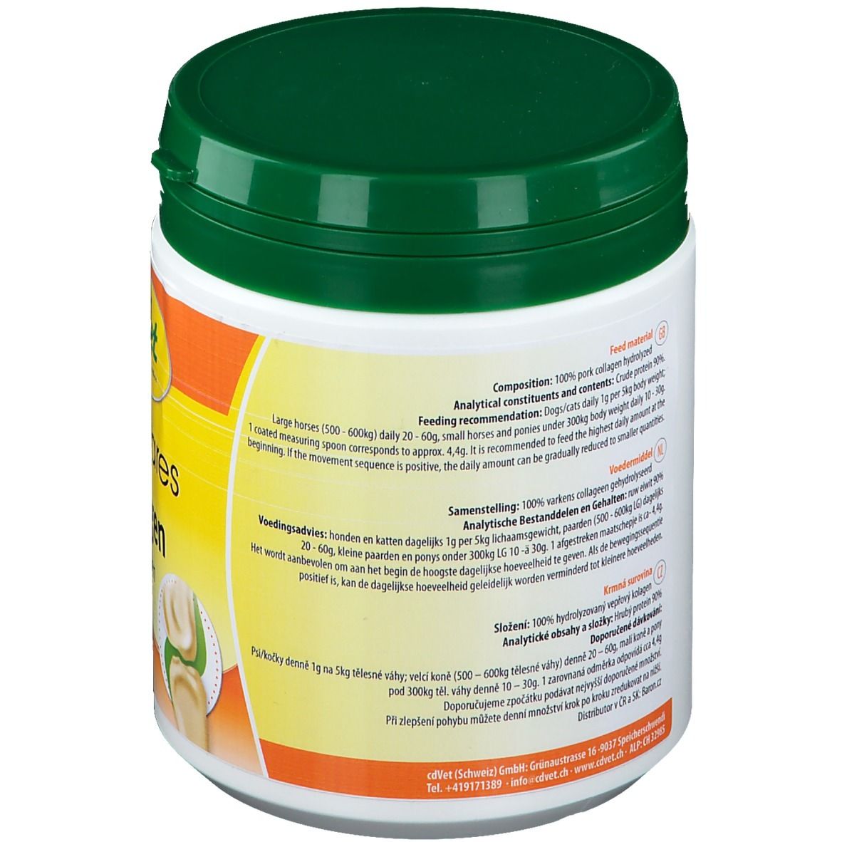 Rückseite des weißen Behälters mit grünem Deckel. Textinformationen über Inhaltsstoffe und Fütterungsempfehlung.