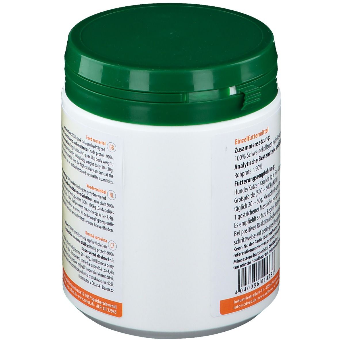 Seitenansicht des weißen Behälters mit grünem Deckel. Textinformationen über Inhaltsstoffe und Fütterungsempfehlung.