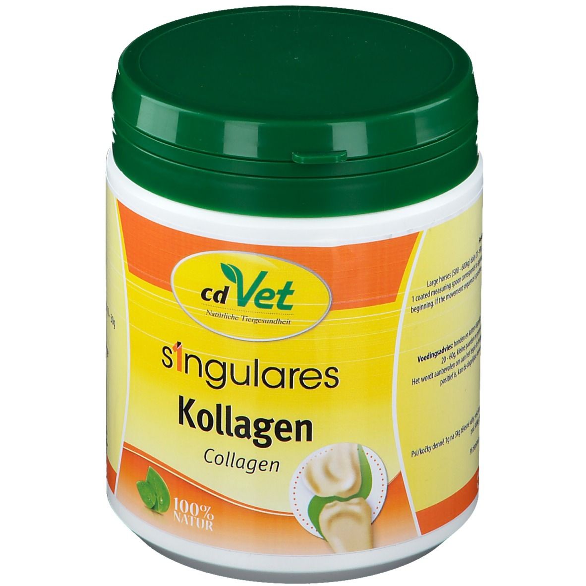 Weißer Behälter mit grünem Deckel. Aufkleber mit "cdVet singulares Kollagen". Illustration von Gelenken.