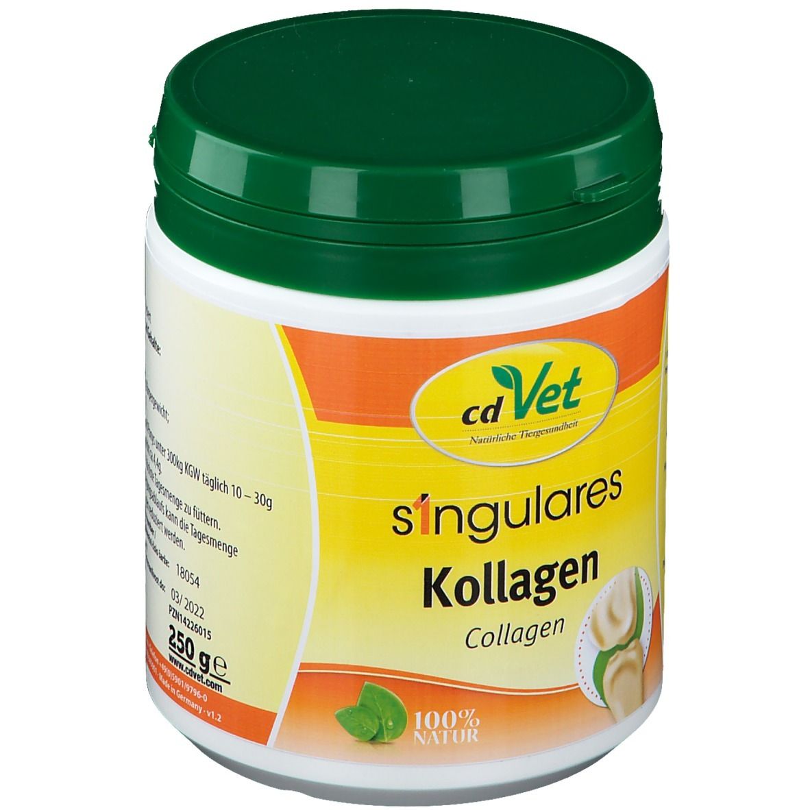 Weißer Behälter mit grünem Deckel. Aufkleber mit "cdVet singulares Kollagen" und Gewichtsangabe 250g.