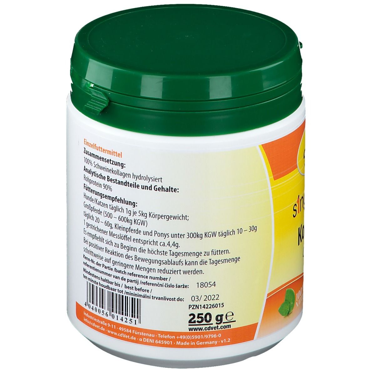 Rückseite des weißen Behälters mit grünem Deckel. Textinformationen, Gewichtsangabe 250g und Mindesthaltbarkeitsdatum.