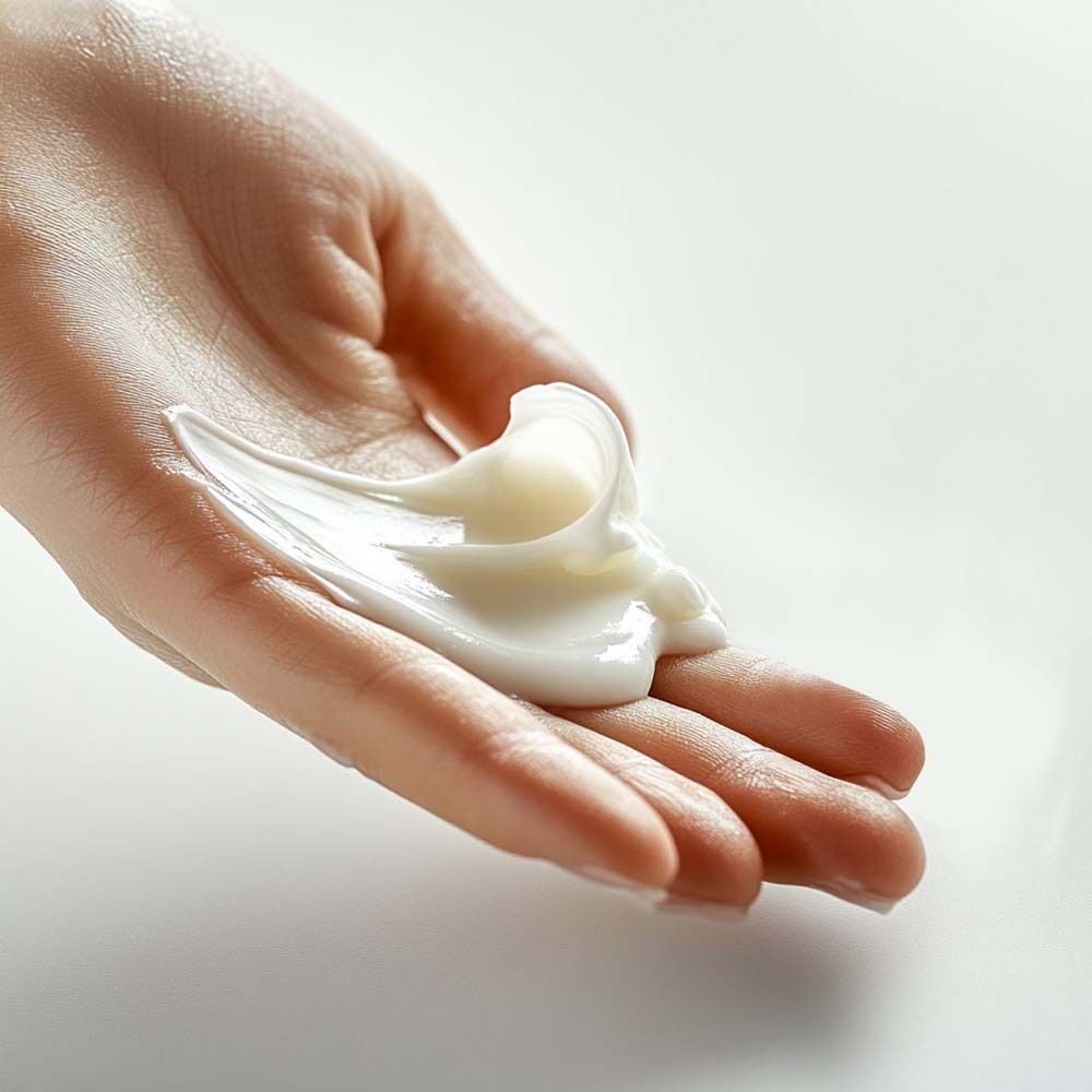 Hand mit weißer Creme. Die Creme ist auf der Handfläche verteilt und hat eine glatte, glänzende Textur.