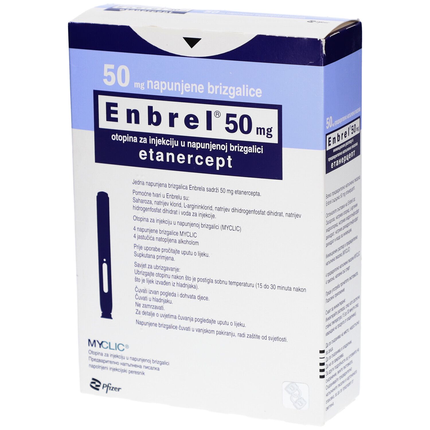 Enbrel 50 mg, Packung. Blaue und weiße Schachtel mit Produktnamen und Inhaltsangaben. Enthält Fertigspritzen.