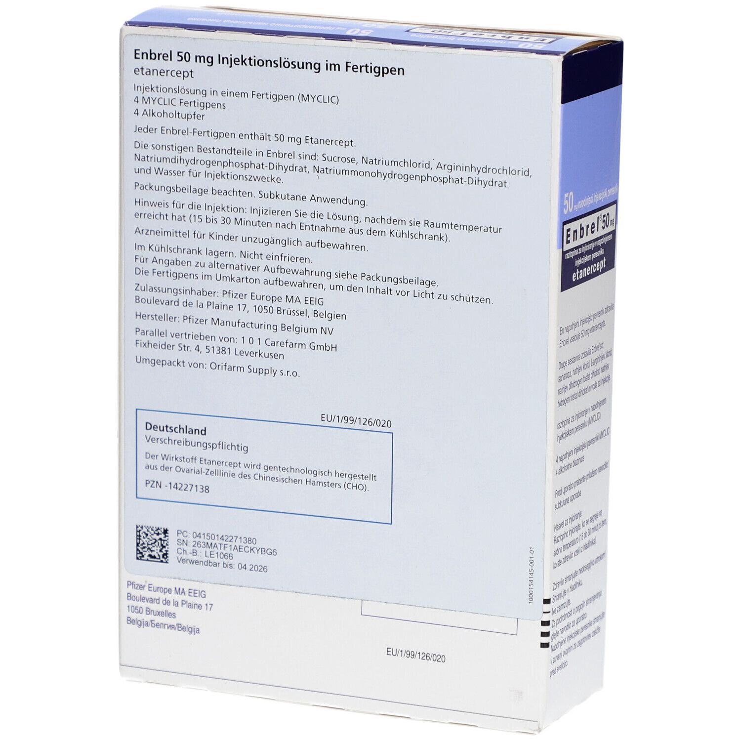 Rückseite der Enbrel 50 mg Packung. Enthält Informationen zu Inhaltsstoffen, Dosierung und Hersteller. EU-Kennzeichnung.
