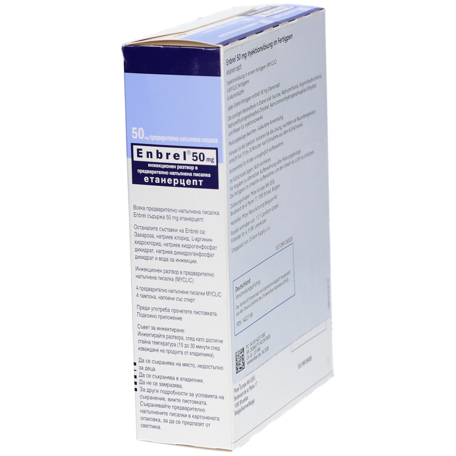 Enbrel 50 mg Packung, schräg. Blaue und weiße Schachtel mit Produktnamen und Inhaltsangaben. Enthält Fertigspritzen.