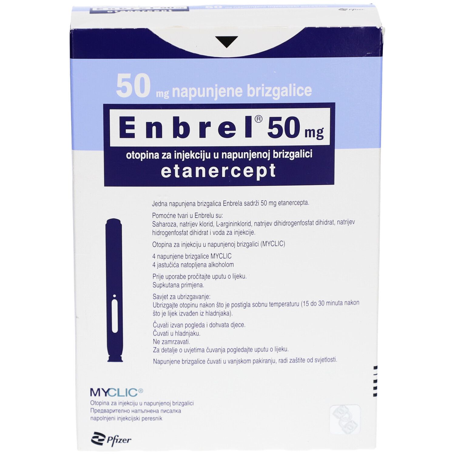 Enbrel 50 mg Packung. Blaue und weiße Schachtel mit Produktnamen und Inhaltsangaben. Enthält Fertigspritzen.