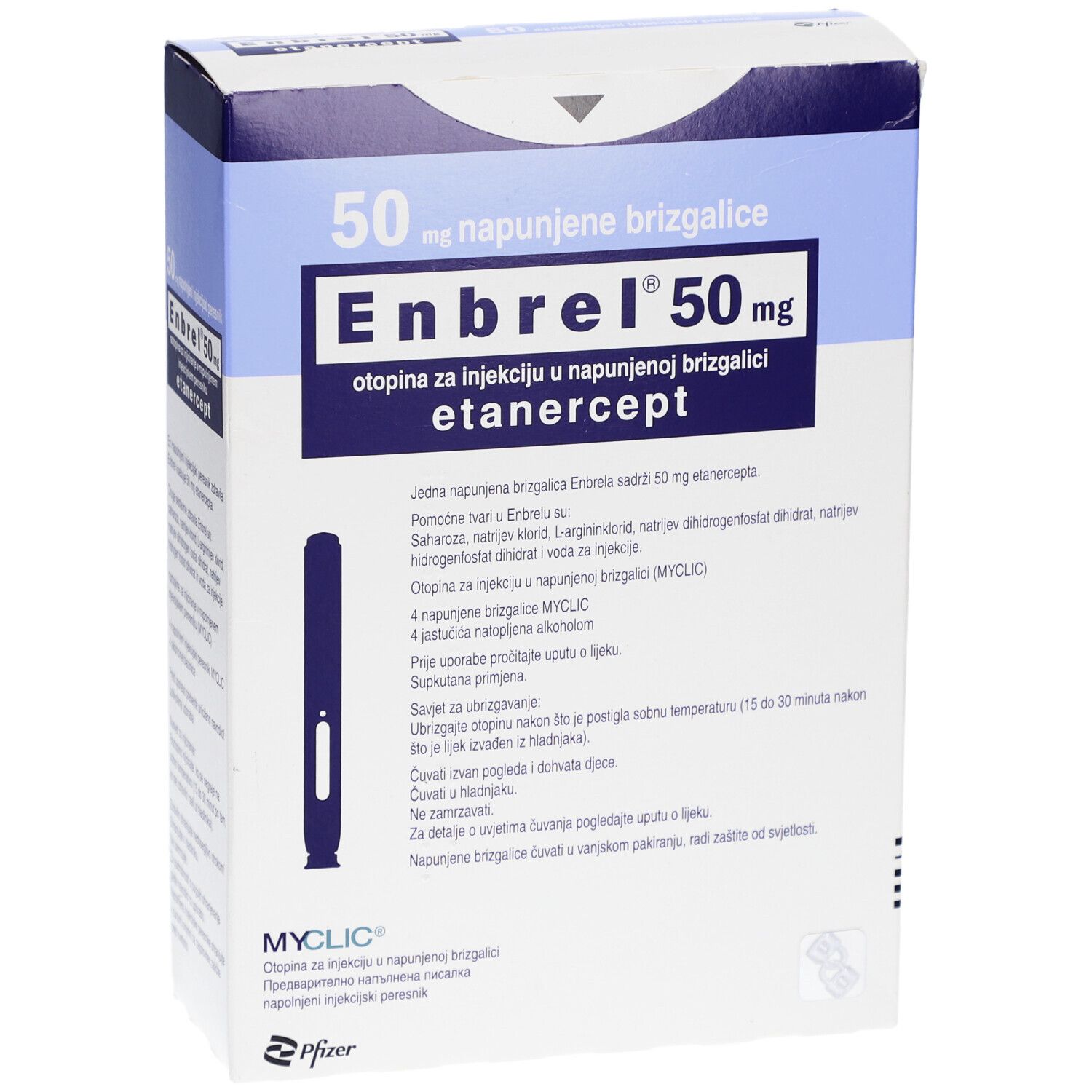 Enbrel 50 mg Packung. Blaue und weiße Schachtel mit Produktnamen und Inhaltsangaben. Enthält Fertigspritzen.