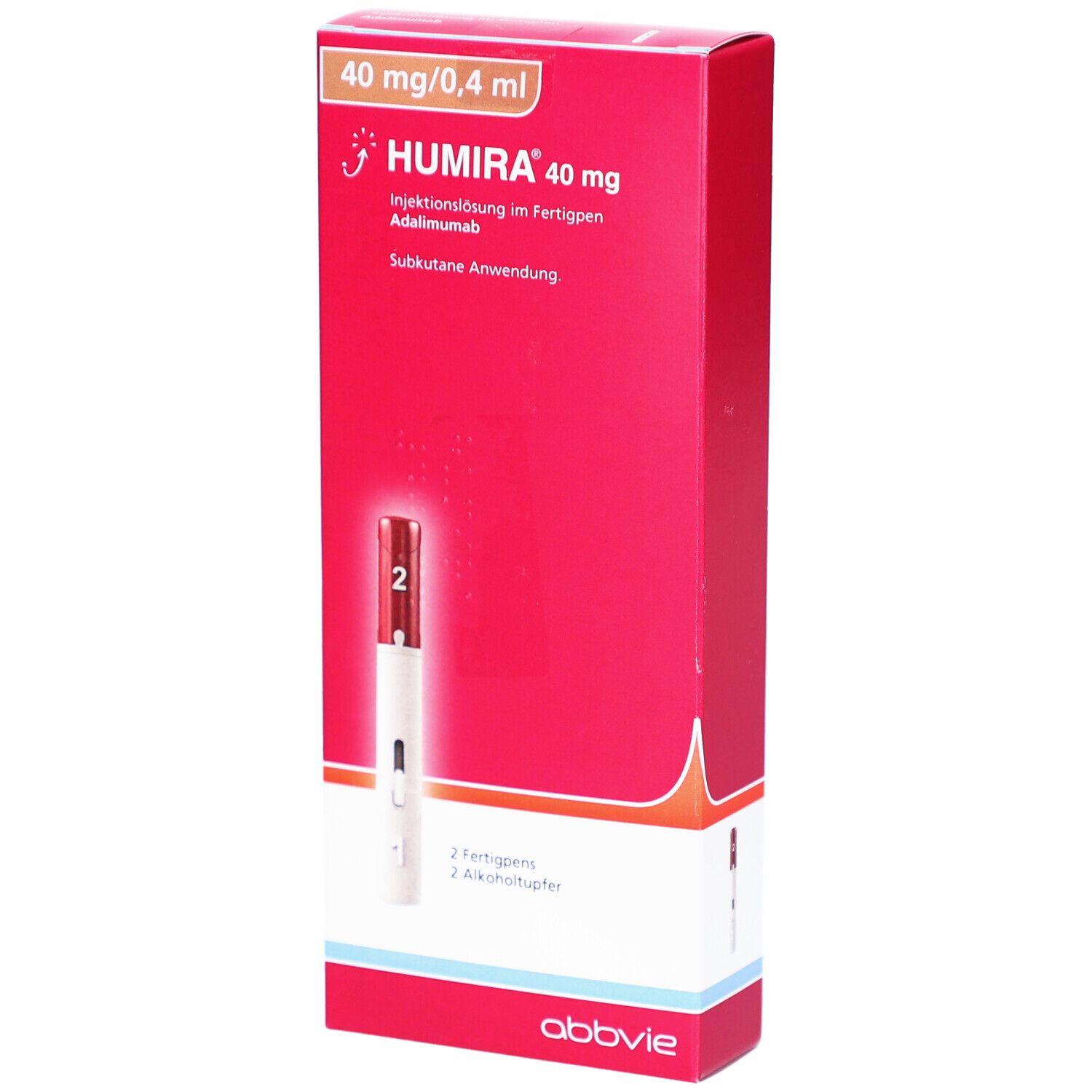 Rote Humira®-Verpackung. Oben: 40 mg/0,4 ml. Enthält 2 Fertigspritzen und Alkoholtupfer. AbbVie-Logo unten.