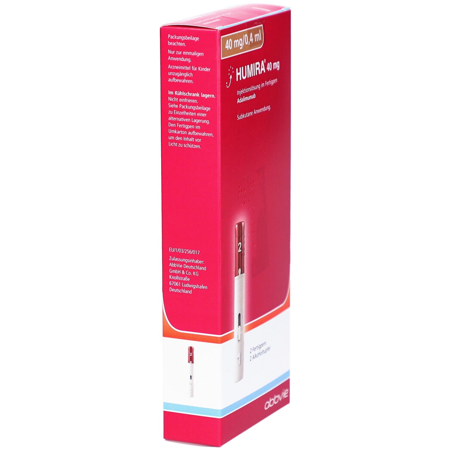 Rote Humira®-Verpackung, Seitenansicht. Oben: 40 mg/0,4 ml. Text und Abbildungen. AbbVie-Logo unten.