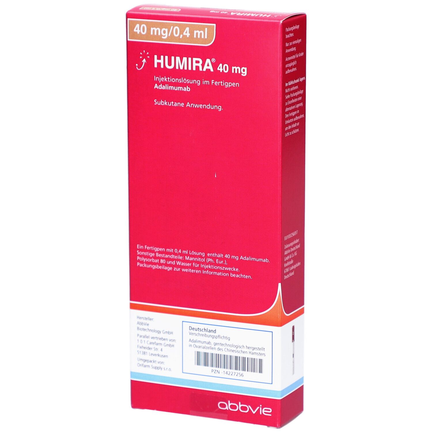 Rote Humira®-Verpackung, Rückseite. Oben: 40 mg/0,4 ml. Text und Barcode. AbbVie-Logo unten.
