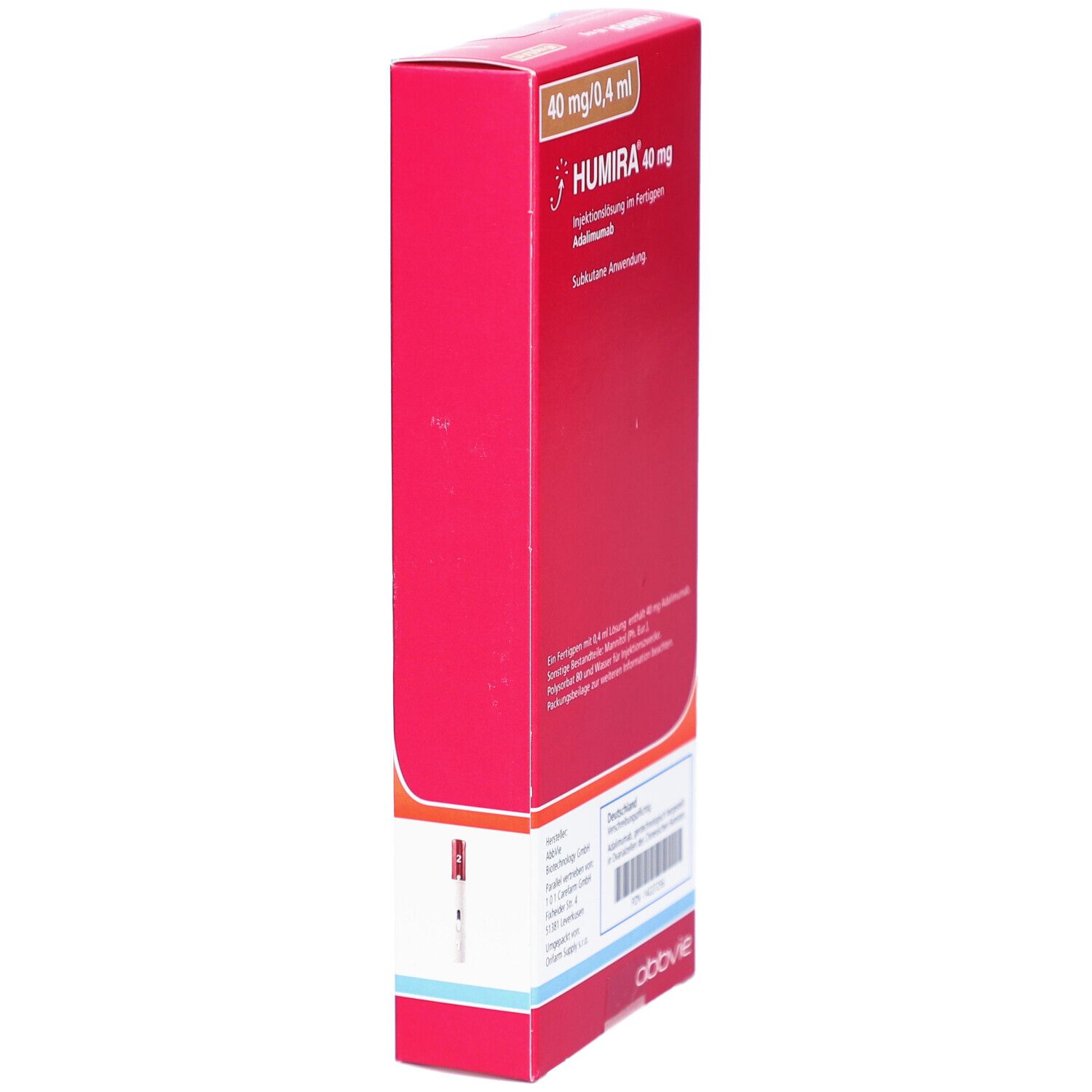 Rote Humira®-Verpackung, Seitenansicht. Oben: 40 mg/0,4 ml. Text und Abbildungen. AbbVie-Logo unten.