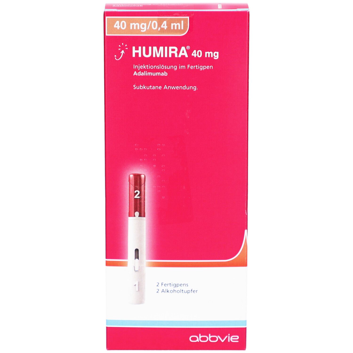 Rote Humira®-Verpackung. Oben: 40 mg/0,4 ml. Enthält 2 Fertigspritzen und Alkoholtupfer. AbbVie-Logo unten.