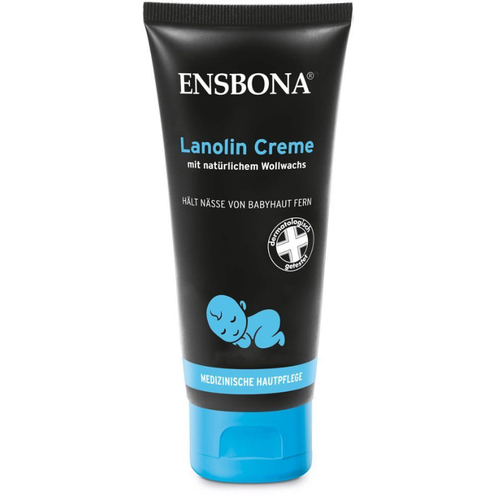 Ensbona Lanolin Creme Tube mit Baby-Symbol und dermatologischer Zertifizierung.