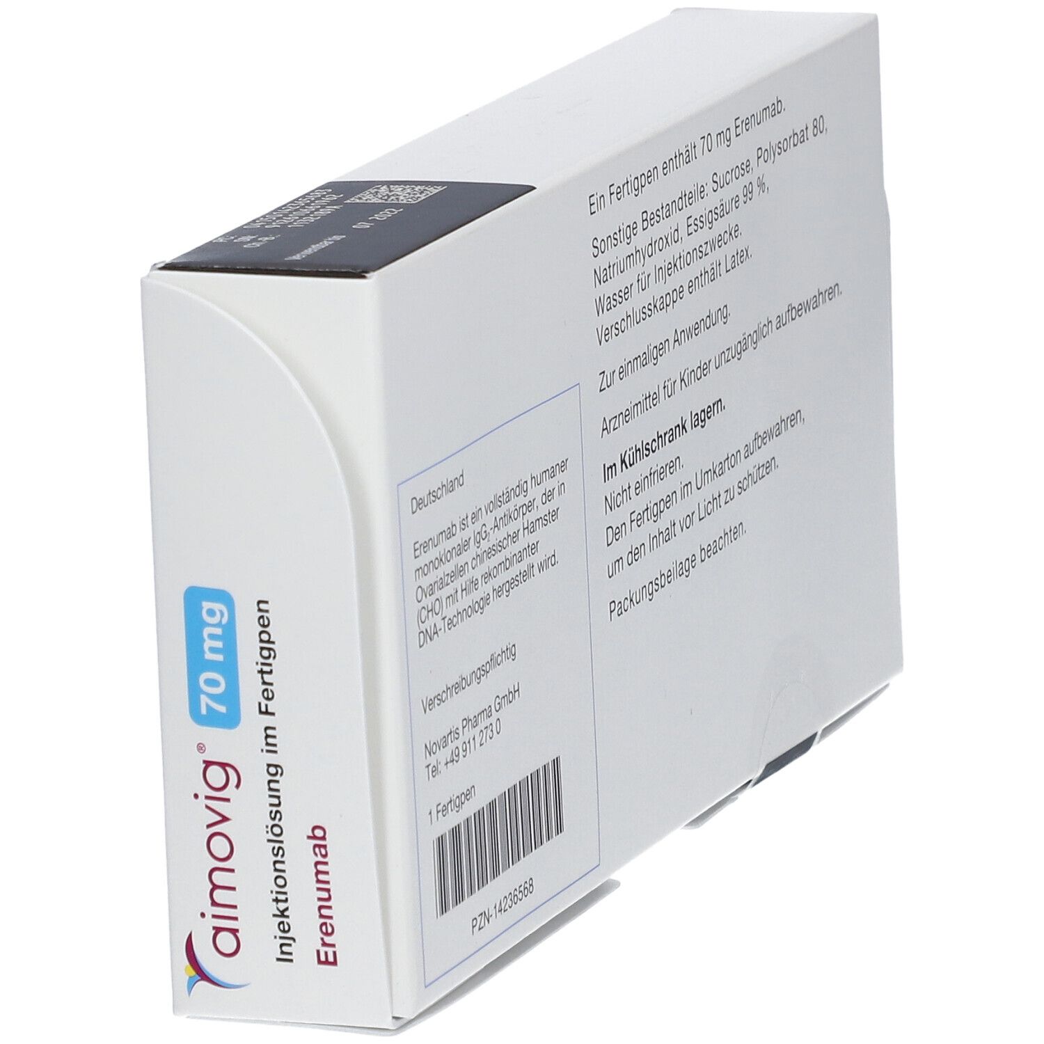 Aimovig 70 mg-Packung, schräg. Rückseite mit Text. Herstellerinformationen, Inhaltsstoffe. 1 Fertigpen.