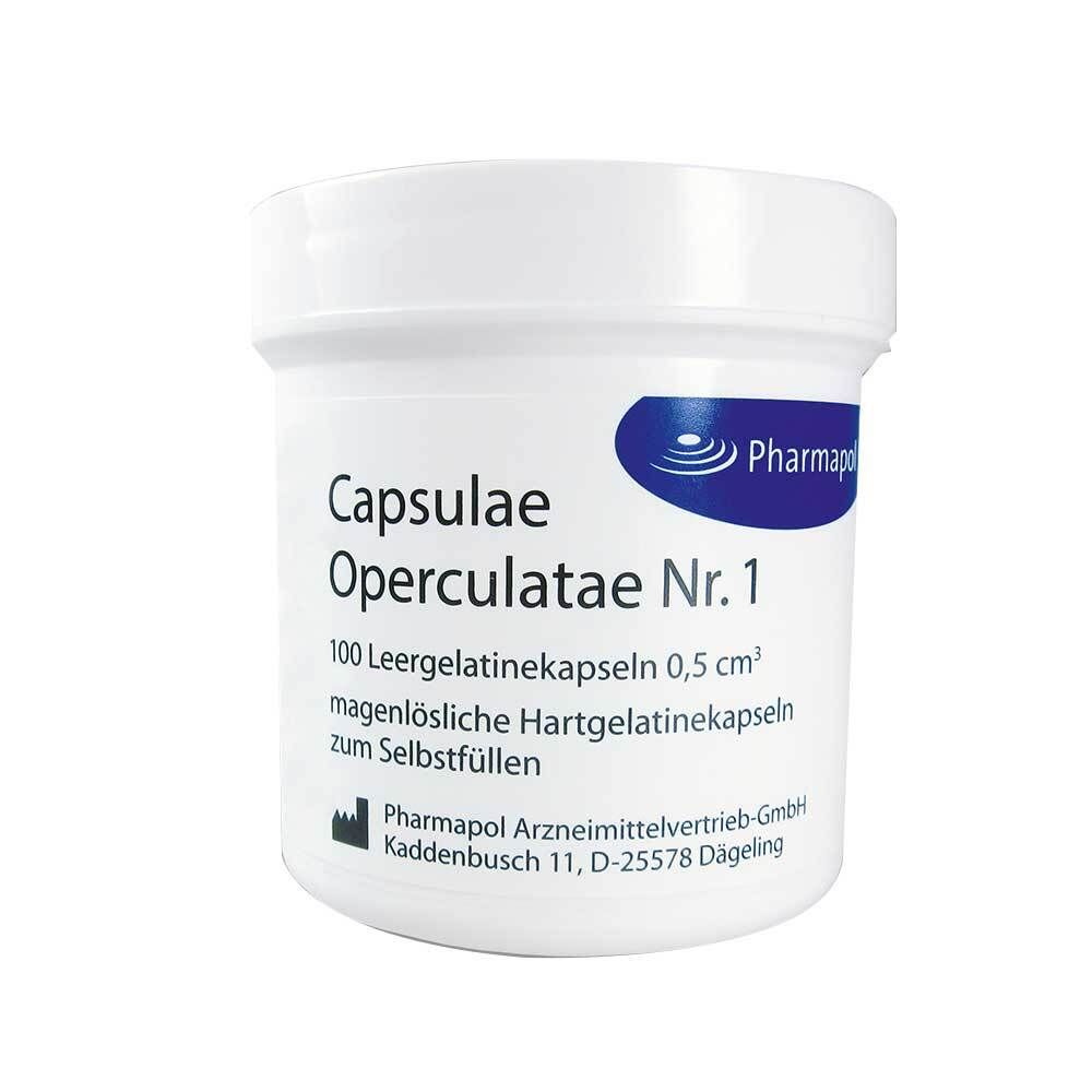 Weiße Dose mit Deckel. Aufschrift: Capsulae Operculatae Nr. 1, 100 Leerkapseln, 0,5 cm³. Pharmazeutisches Produkt.