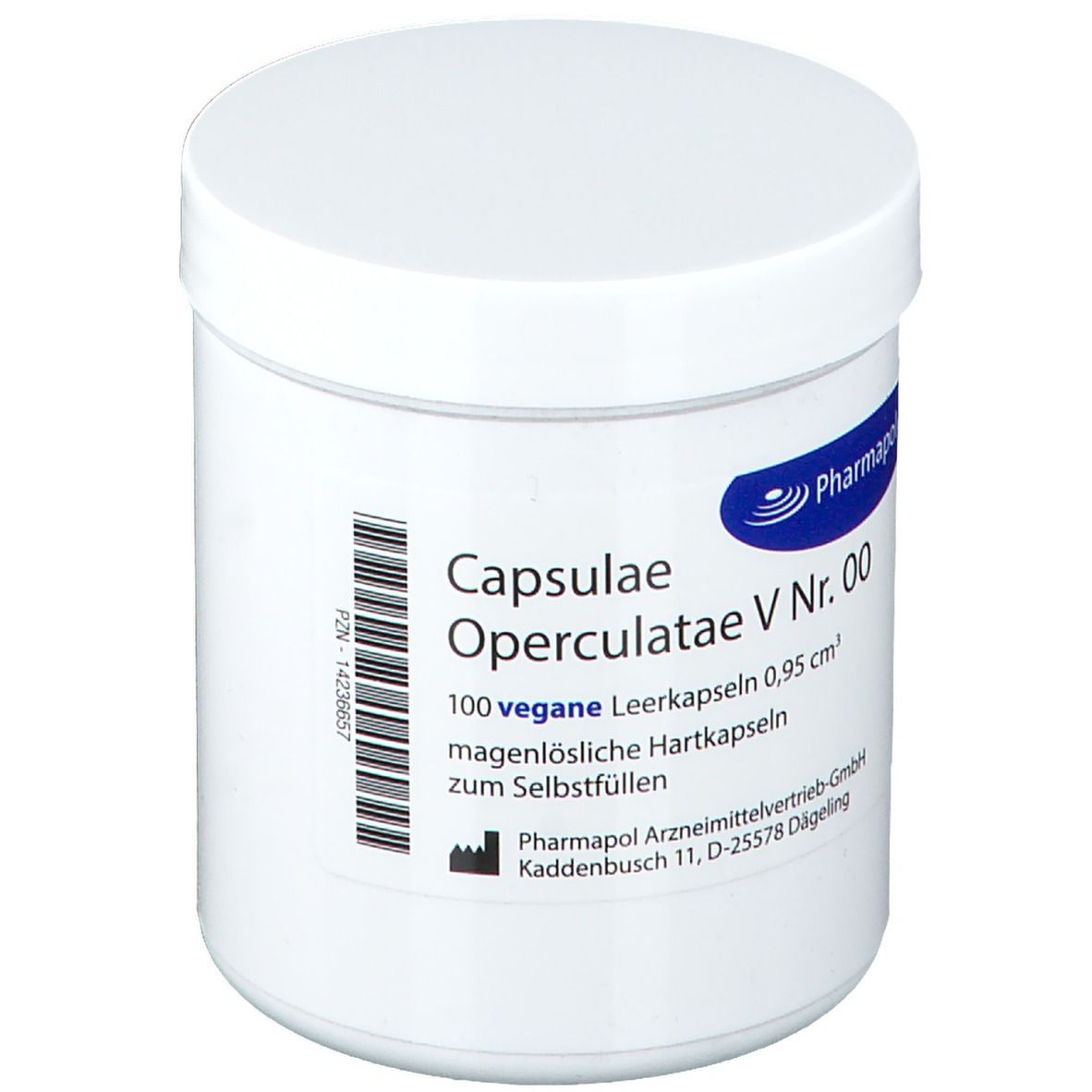 Weiße Dose mit Deckel. Aufschrift: Capsulae Operculatae V Nr. 00, 100 vegane Leerkapseln. Marke: Pharmapol.