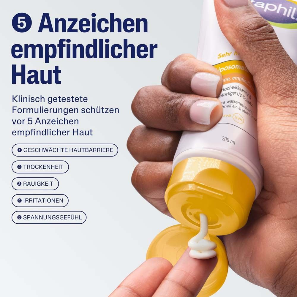 Sonnencreme-Tube mit Creme. Text: 5 Anzeichen empfindlicher Haut. Schützt vor 5 Anzeichen.