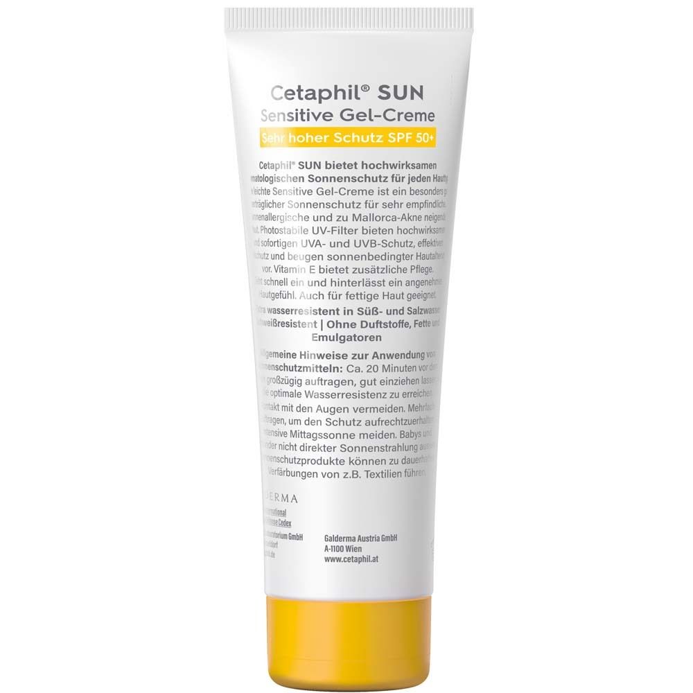 Rückseite der Cetaphil SUN Sensitive Gel-Creme SPF 50+ Tube. Text und Inhaltsstoffe.