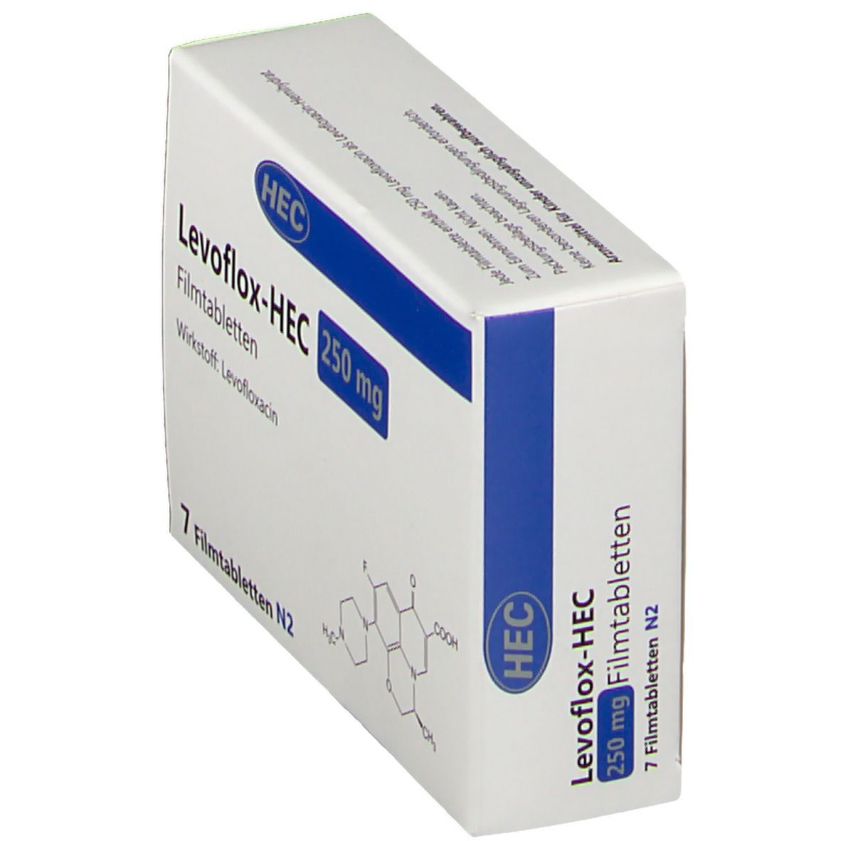 Schachtel mit Levoflox-HEC 250 mg Filmtabletten. Blaue und weiße Verpackung. 7 Tabletten N2. HEC-Logo.