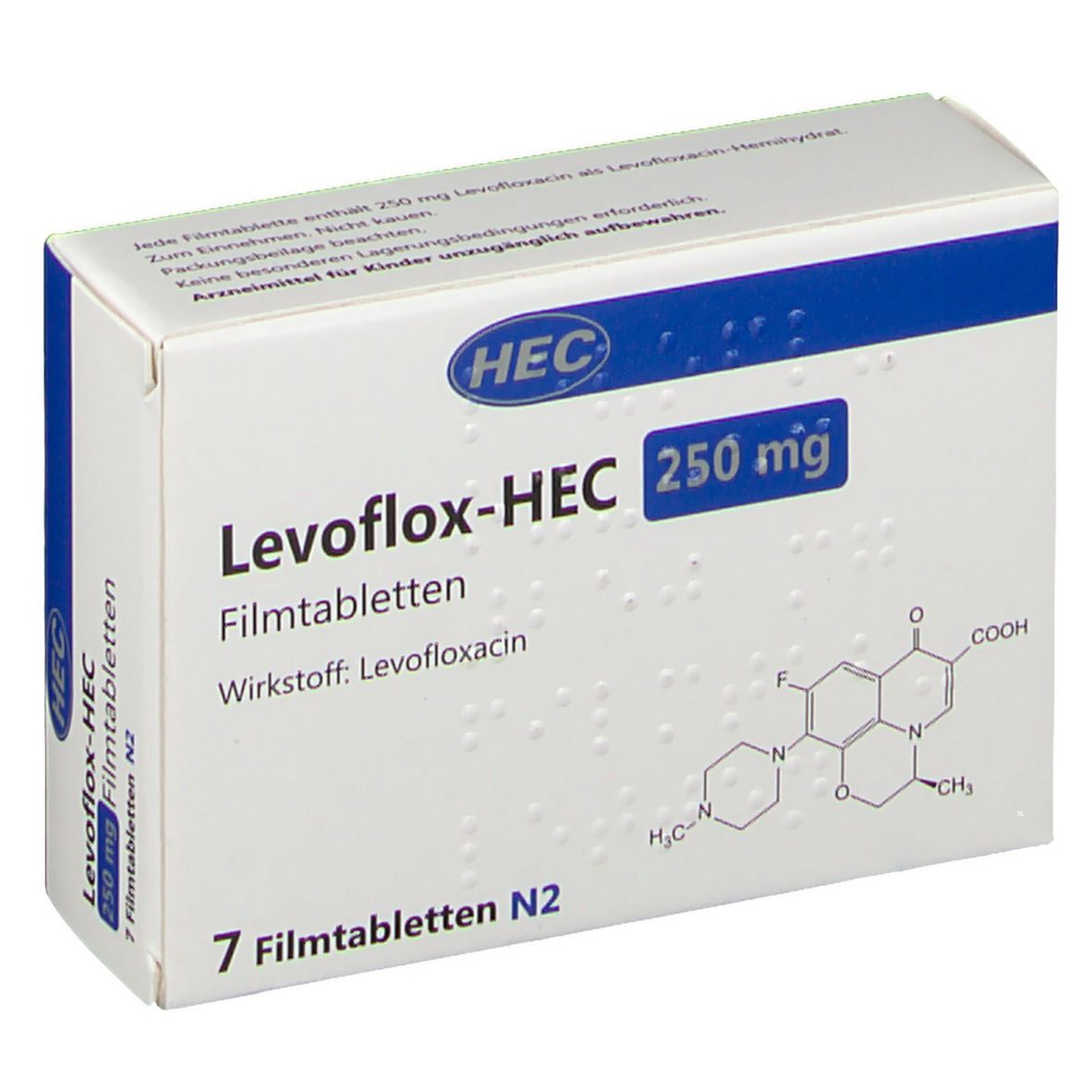 Schachtel mit Levoflox-HEC 250 mg Filmtabletten. Weiße Verpackung mit blauer Schrift. 7 Tabletten N2. HEC-Logo.