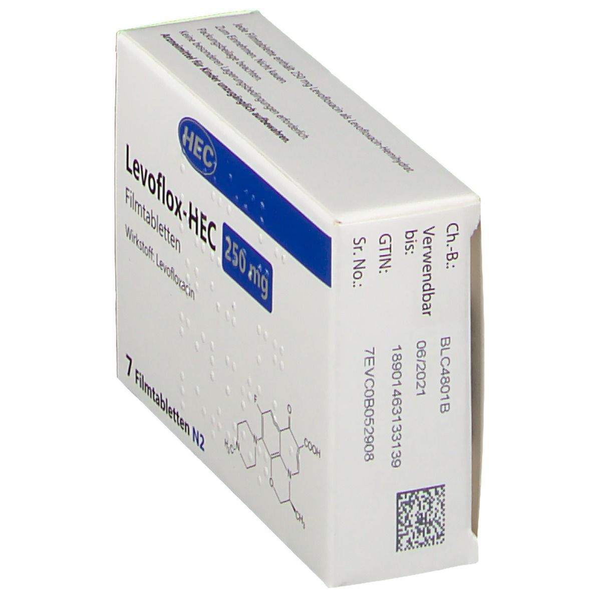 Schachtel mit Levoflox-HEC 250 mg Filmtabletten. Weiße Verpackung mit blauer Schrift. 7 Tabletten N2. HEC-Logo. Verfallsdatum.