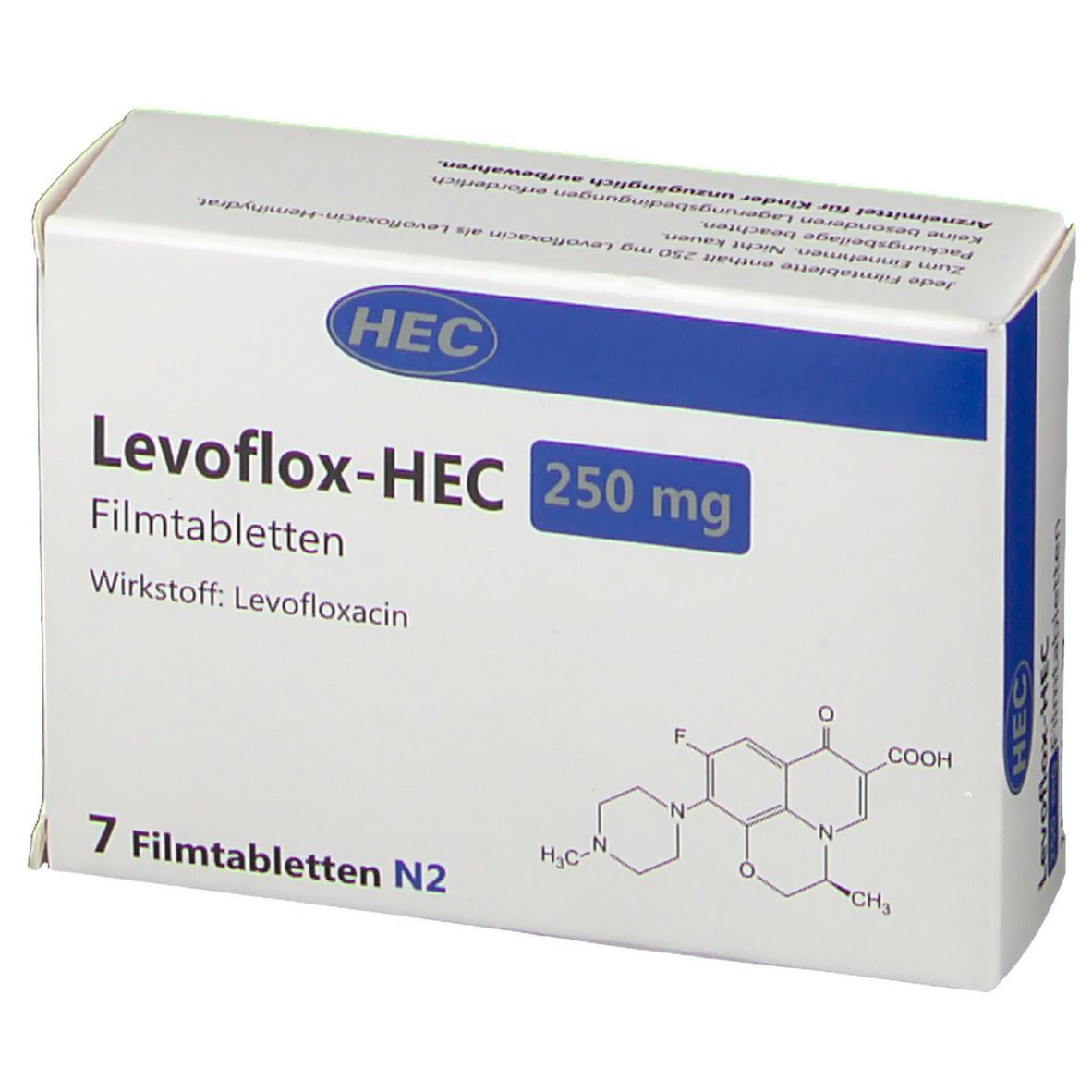 Schachtel mit Levoflox-HEC 250 mg Filmtabletten. Weiße Verpackung mit blauer Schrift. 7 Tabletten N2. HEC-Logo. Chemische Struktur.