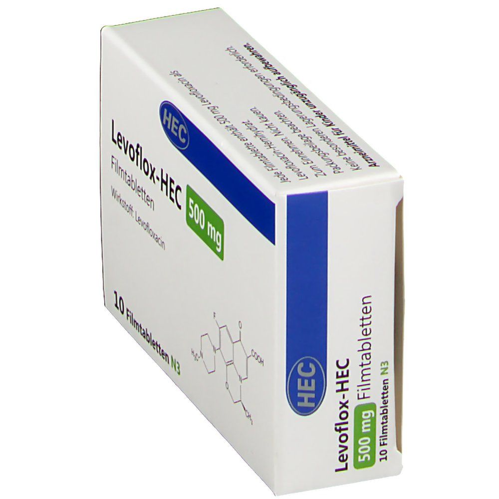 Schachtel Levoflox-HEC 500 mg Filmtabletten. Weiß, mit grünen und blauen Akzenten. Enthält 10 Tabletten. Chemische Strukturformel abgebildet.