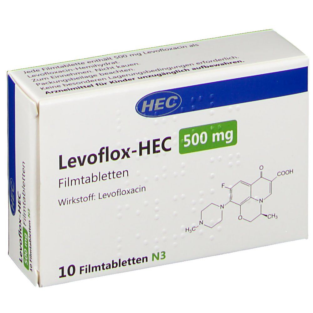 Schachtel Levoflox-HEC 500 mg Filmtabletten. Weiß, mit grünen und blauen Akzenten. Enthält 10 Tabletten. Chemische Strukturformel abgebildet.
