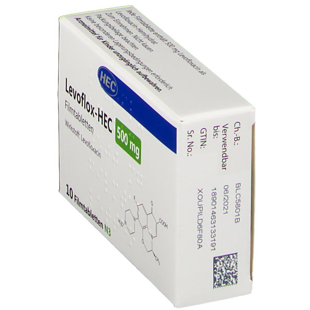 Schachtel Levoflox-HEC 500 mg Filmtabletten. Weiß, mit grünen und blauen Akzenten. Enthält 10 Tabletten. Rückseite mit Chargen- und Verfallsdatum.