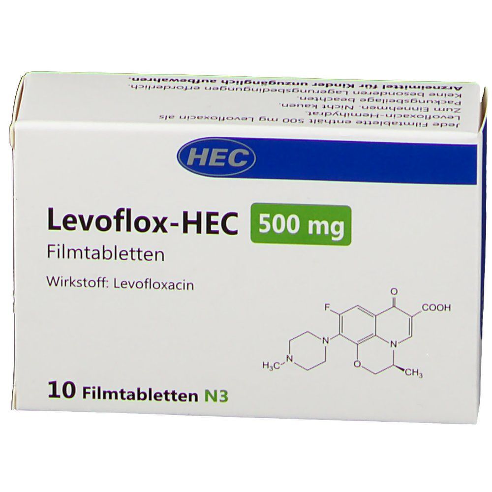 Schachtel Levoflox-HEC 500 mg Filmtabletten. Weiß, mit grünen und blauen Akzenten. Enthält 10 Tabletten. Chemische Strukturformel abgebildet.