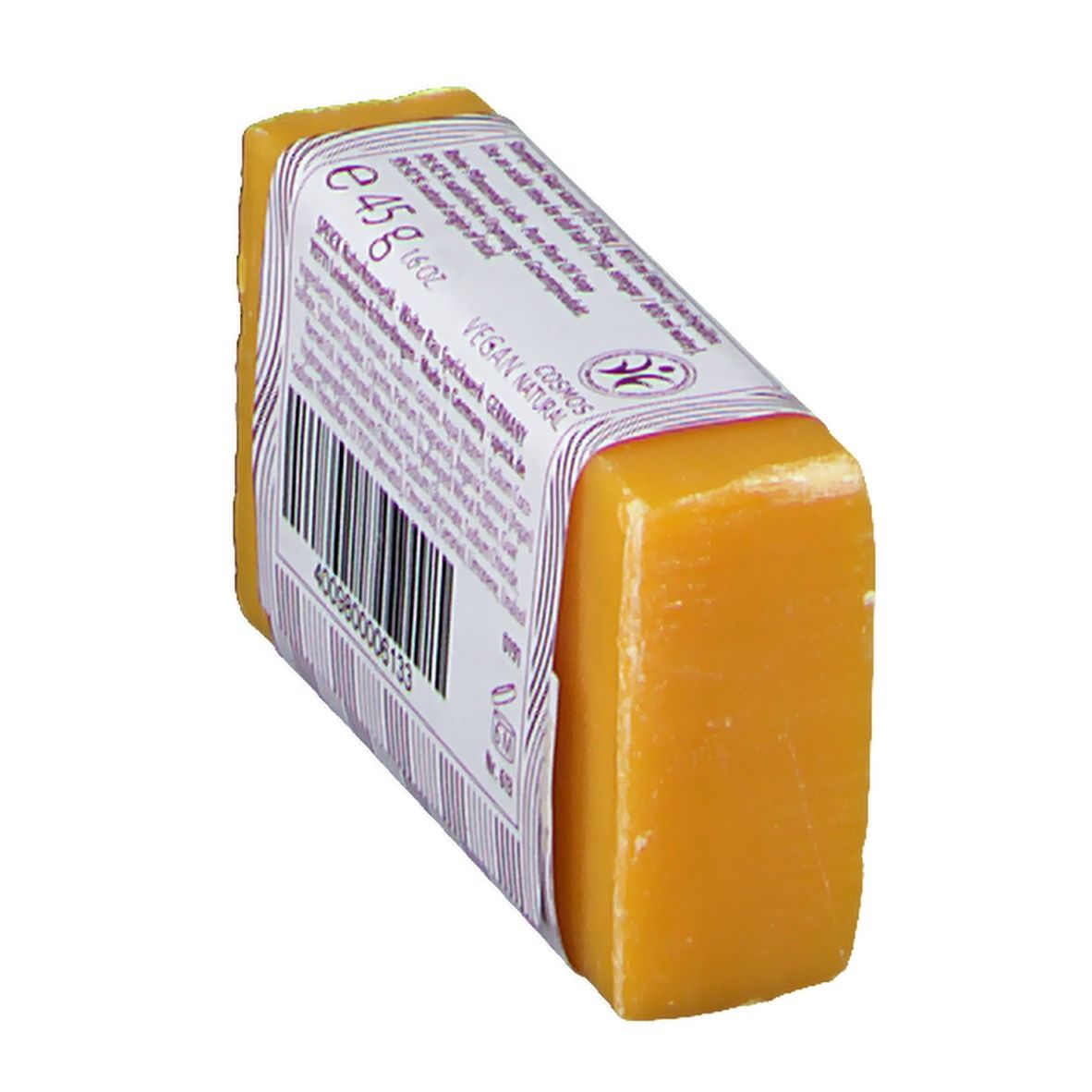 Speick Pflanzenöl Haarseife, 45g, von der Seite mit Blick auf die Rückseite.